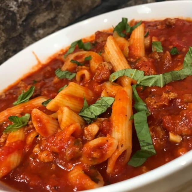 ZITI WITH MEAT SAUCE.