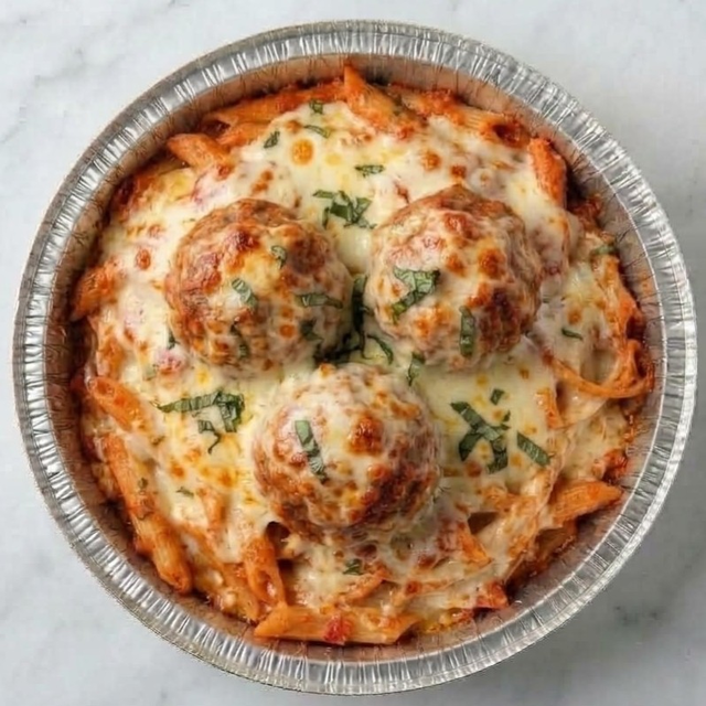 BAKED ZITI AND MEATBALLS.