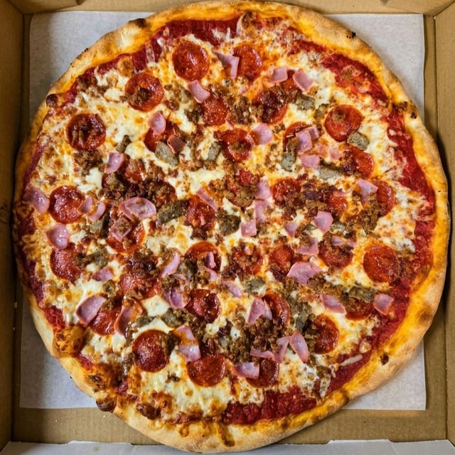 MEDIUM MEAT LOVERS PIZZA.