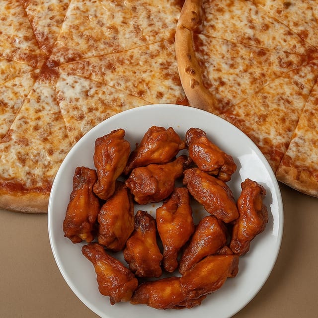 2 LG CHEESE PIZZAS & 20 WINGS.