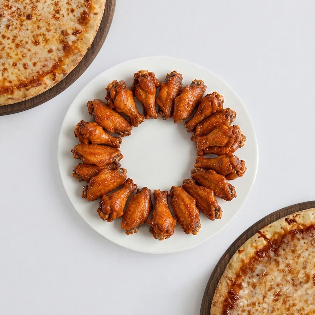 2 LG CHEESE PIZZAS & 20 WINGS.